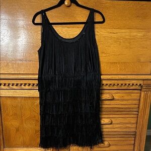 Black Tiered Sleeveless Fringe Flapper Dress with Sequin Neckline 1920s Vintage